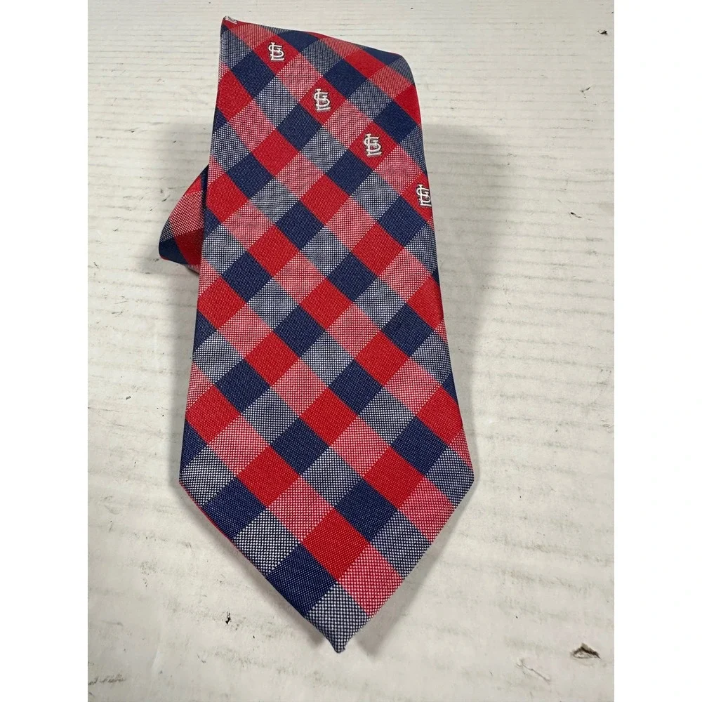 MLB St Louis Cardinals Mens Necktie Red Navy‎ Blue Gingham Check Logo Silk-Look